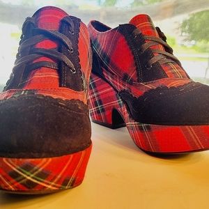 Miss L Fire Tartan Black Suede Heel Platform Sneaker Shoes Size US 7.5 UK 38